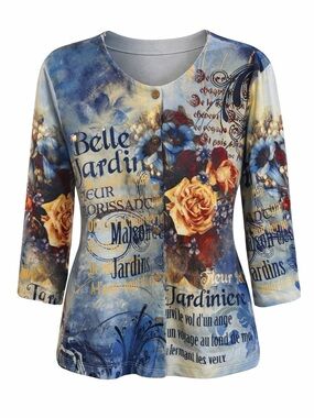 Jess & Jane Belle Jardin Floral Rhinestone Art Top Made In USA Size L